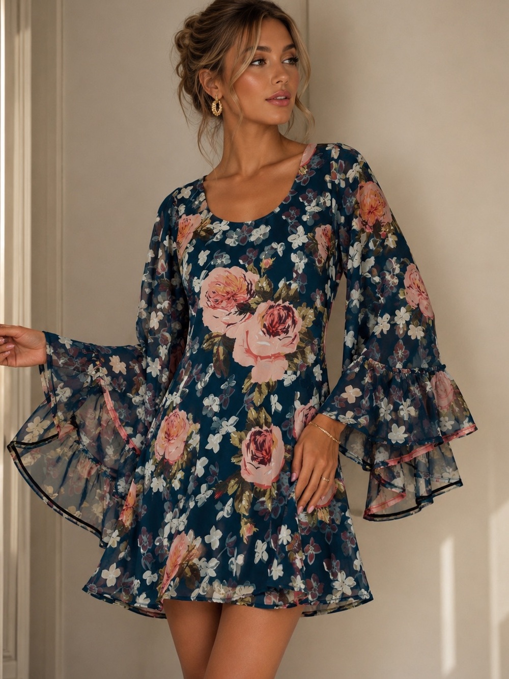 Show Me Your MuMu Floral Bell Sleeve Mini Dress Roses Small